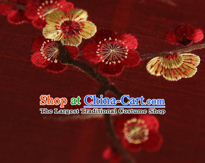 China Ancient Court Princess Palace Fan Handmade Embroidered Plum Blossom Fans Traditional Hanfu Red Silk Fan