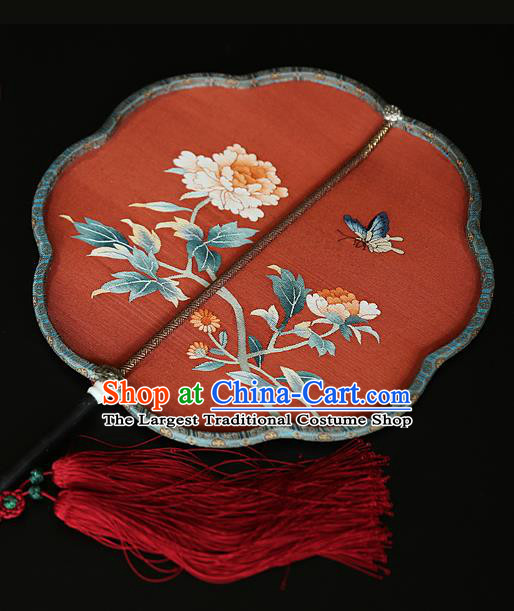 China Handmade Peony Pattern Palace Fan Wedding Red Silk Fan Traditional Court Hanfu Fan