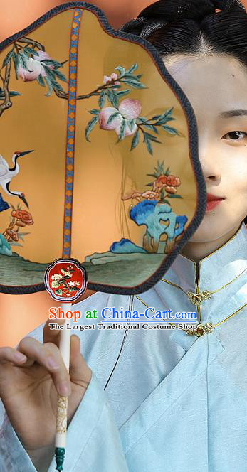 China Wedding Yellow Silk Fan Handmade Palace Fan Traditional Court Hanfu Embroidered Crane Fan