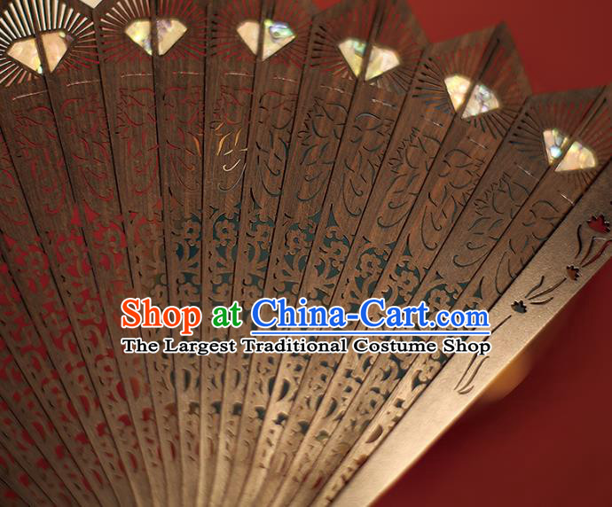 China Traditional Sandalwood Carving Fan Accordion Classical Folding Fan Black Hollowed Fans