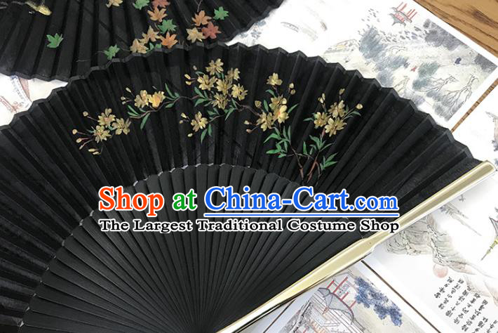 China Classical Folding Fan Black Silk Fans Printing Flowers Fan Traditional Accordion