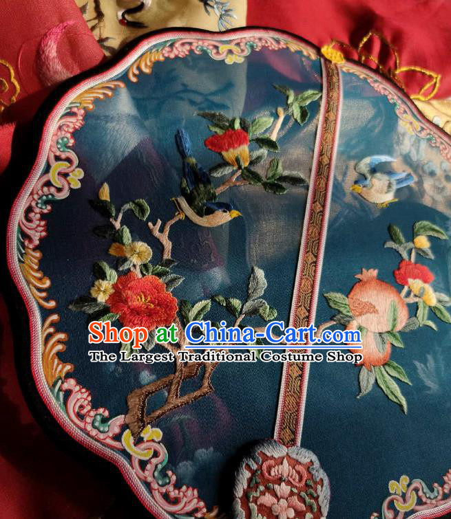 China Traditional Court Hanfu Fan Handmade Embroidered Pomegranate Palace Fan Wedding Blue Silk Fan