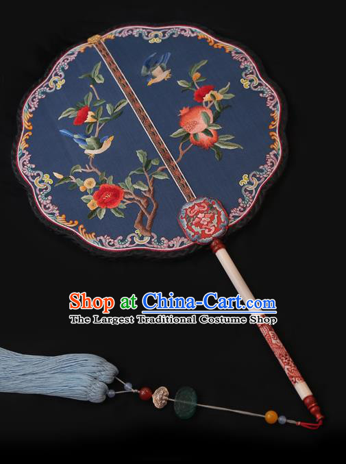 China Traditional Court Hanfu Fan Handmade Embroidered Pomegranate Palace Fan Wedding Blue Silk Fan