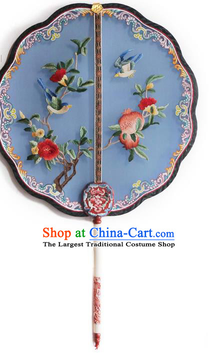 China Traditional Court Hanfu Fan Handmade Embroidered Pomegranate Palace Fan Wedding Blue Silk Fan