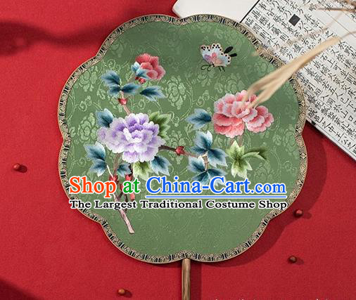 China Ancient Hanfu Palace Fan Embroidered Peony Fan Traditional Green Silk Fans