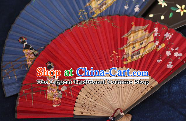 China Classical Red Silk Fans Printing Fan Traditional Japan Kimono Accordion Folding Fan