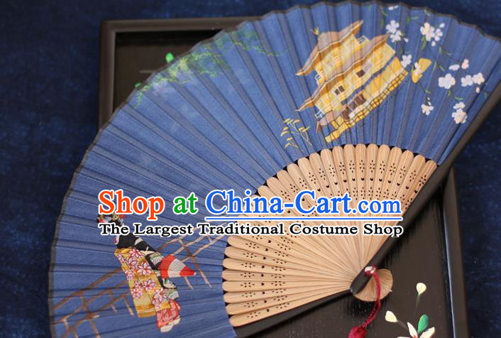 China Printing Fan Traditional Japan Kimono Accordion Folding Fan Classical Blue Silk Fans