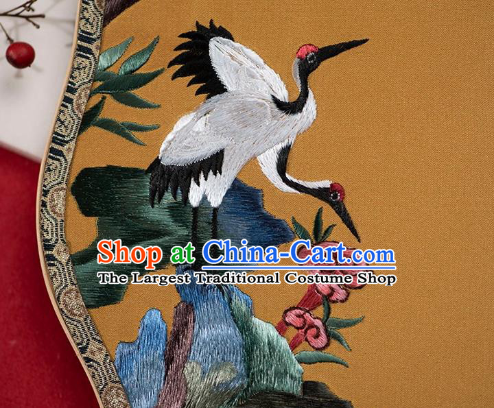 China Ancient Empress Palace Fan Traditional Hanfu Yellow Silk Fans Embroidered Peach Crane Fan