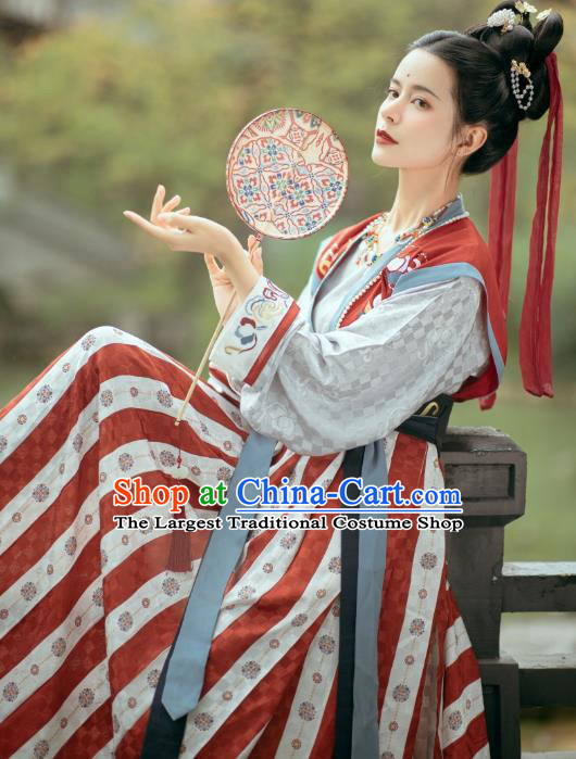 Traditional China Ancient Palace Lady Embroidered Red Hanfu Dress Tang Dynasty Young Beauty Historical Clothing