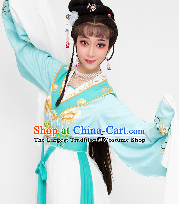 China Shaoxing Opera Young Beauty Garment Costumes Traditional Beijing Opera Diva Blue Dress Clothing and Headpieces