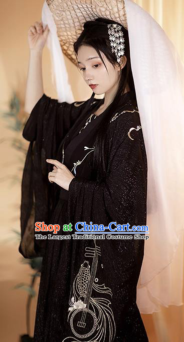 Chinese Ancient Swordswoman Hanfu Clothing Traditional Ruqun Black Dress Tang Dynasty Beauty Garment Costumes Complete Set