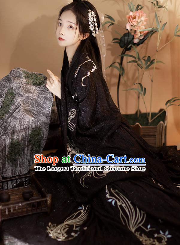Chinese Ancient Swordswoman Hanfu Clothing Traditional Ruqun Black Dress Tang Dynasty Beauty Garment Costumes Complete Set