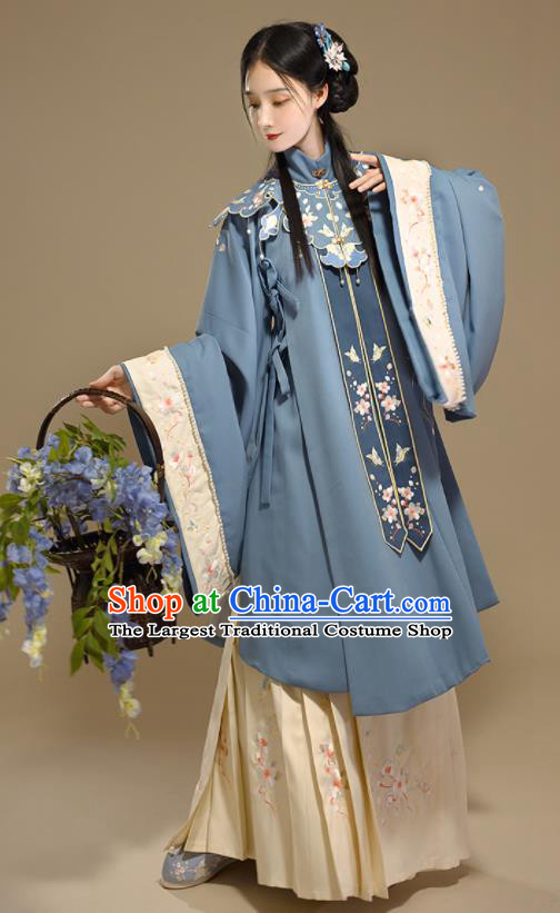 Chinese Ming Dynasty Beauty Garment Costumes Ancient Princess Hanfu Clothing Traditional Blue Gown and Skirt Complete Set