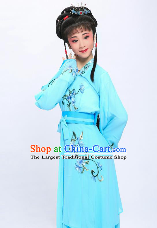 China Shaoxing Opera Xiaodan Embroidered Blue Dress Clothing Traditional Yue Opera Palace Lady Garment Costumes
