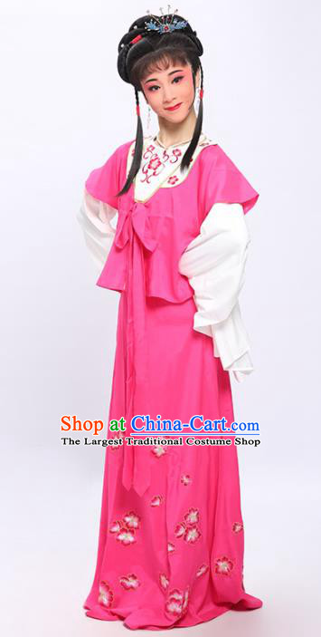 China Shaoxing Opera Xiaodan Embroidered Rosy Dress Clothing Traditional Yue Opera Maidservant Hong Niang Garment Costumes and Hair Jewelry