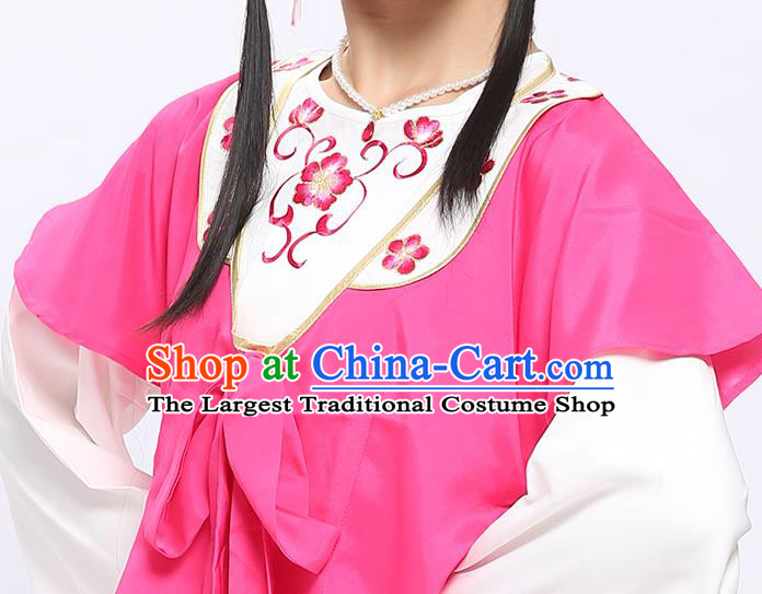 China Shaoxing Opera Xiaodan Embroidered Rosy Dress Clothing Traditional Yue Opera Maidservant Hong Niang Garment Costumes and Hair Jewelry