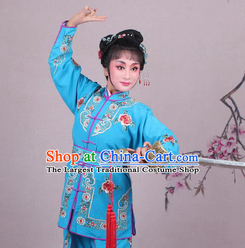 China Traditional Peking Opera Blues Dao Ma Dan Garment Costumes Shaoxing Opera Martial Arts Woman Blue Dress Clothing