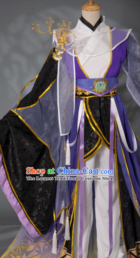 China Ancient Young Childe Garment Costumes Traditional Hanfu Clothing Cosplay Swordsman Purple Apparels
