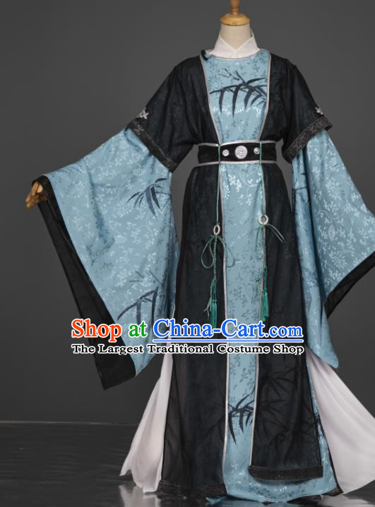 China Ancient Scholar Clothing Cosplay Tang Dynasty Du Fu Garment Costumes Traditional Hanfu Blue Robe Apparels