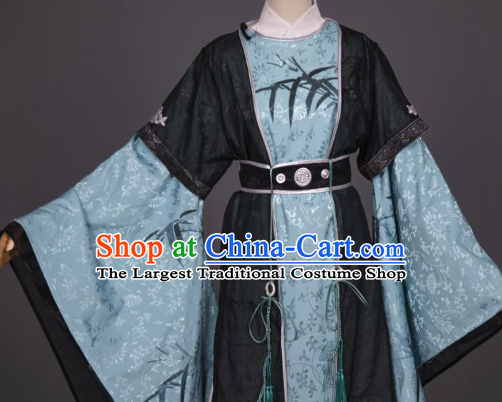China Ancient Scholar Clothing Cosplay Tang Dynasty Du Fu Garment Costumes Traditional Hanfu Blue Robe Apparels