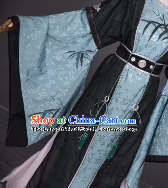 China Ancient Scholar Clothing Cosplay Tang Dynasty Du Fu Garment Costumes Traditional Hanfu Blue Robe Apparels