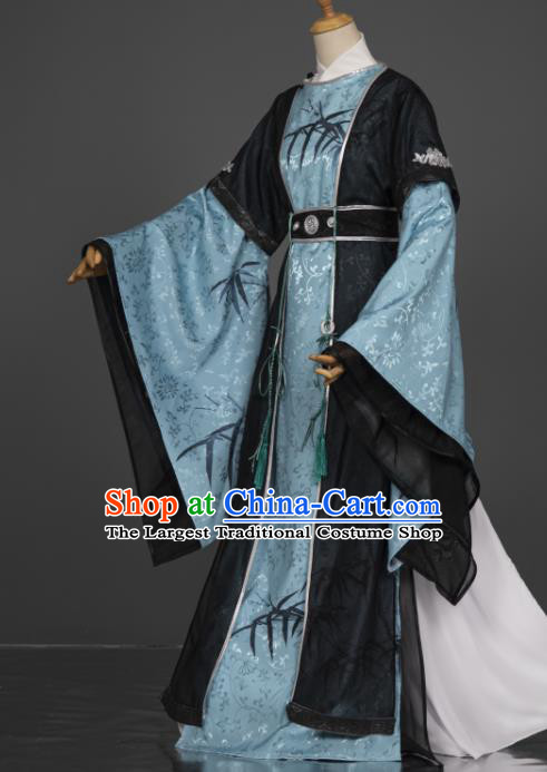 China Ancient Scholar Clothing Cosplay Tang Dynasty Du Fu Garment Costumes Traditional Hanfu Blue Robe Apparels
