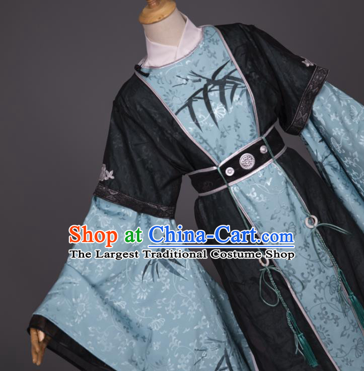 China Ancient Scholar Clothing Cosplay Tang Dynasty Du Fu Garment Costumes Traditional Hanfu Blue Robe Apparels