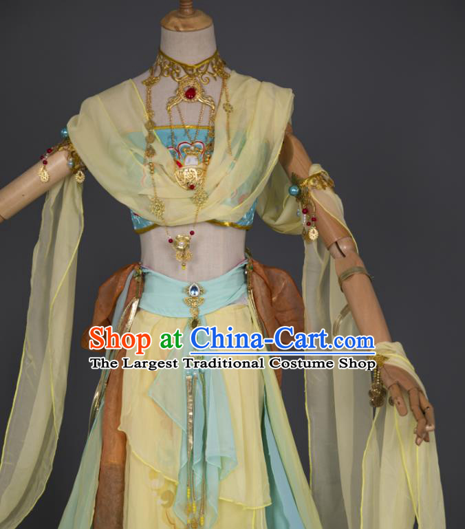 China Traditional Hanfu Dance Yellow Chiffon Apparels Ancient Fairy Clothing Cosplay Goddess Garment Costumes