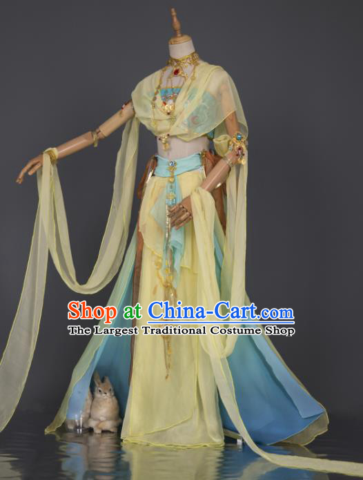 China Traditional Hanfu Dance Yellow Chiffon Apparels Ancient Fairy Clothing Cosplay Goddess Garment Costumes