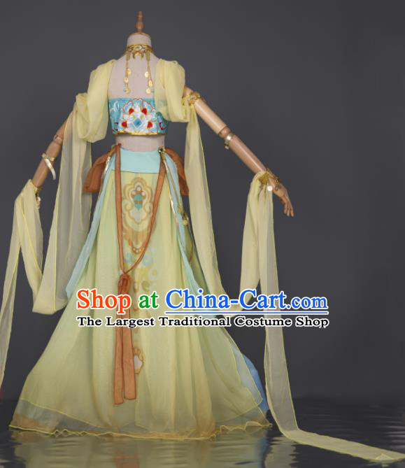 China Traditional Hanfu Dance Yellow Chiffon Apparels Ancient Fairy Clothing Cosplay Goddess Garment Costumes