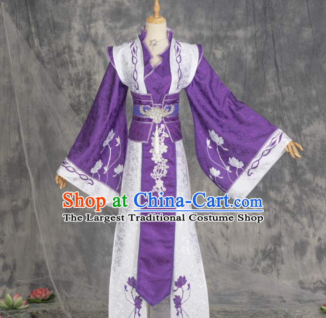 China Traditional Xian Xia Hanfu Dress Apparels Ancient Swordswoman Purple Clothing Cosplay Taoist Nun Garment Costumes