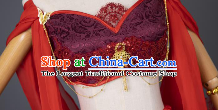 China Traditional Hanfu Dance Apparels Ancient Dunhuang Goddess Red Dress Clothing Cosplay Flying Fairy Garment Costumes