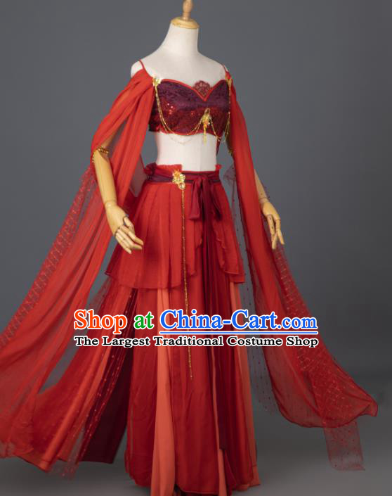 China Traditional Hanfu Dance Apparels Ancient Dunhuang Goddess Red Dress Clothing Cosplay Flying Fairy Garment Costumes