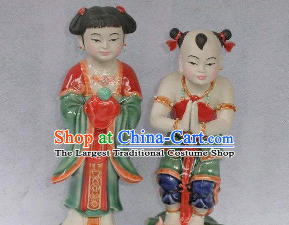 Chinese Shi Wan Ceramic Craft Long Lv Hong Hai Er Statues