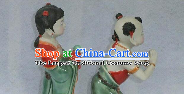 Chinese Shi Wan Ceramic Craft Long Lv Hong Hai Er Statues