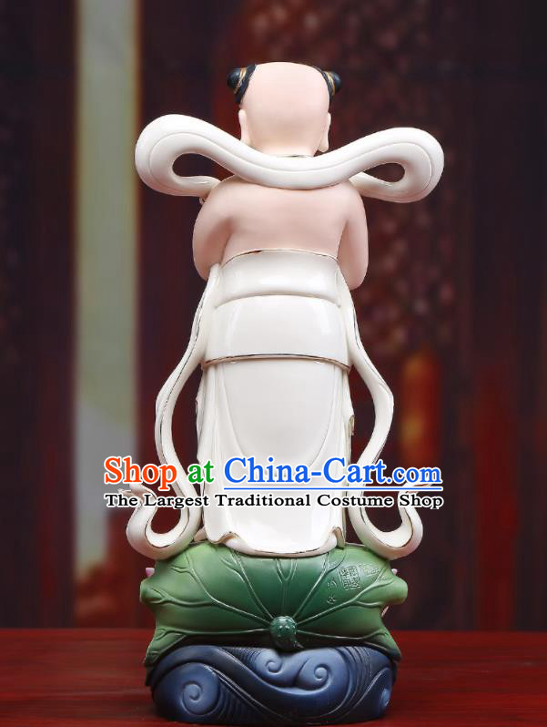 Chinese White Ceramic Shan Cai Tong Zi Craft Handmade Hong Hai Er Porcelain Statue