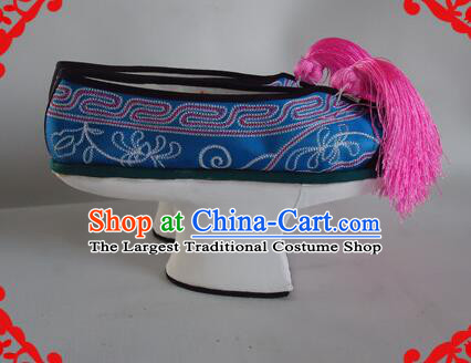 China Ancient Empress Embroidered Shoes Qing Dynasty Princess Blue Satin Shoes Traditional Court Saucers Shoes