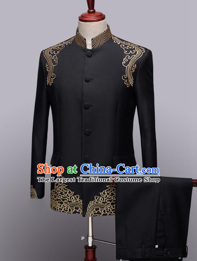 Chinese Wedding Suits Traditional Tang Zhuang Embroidered Costumes Groom Black Clothing