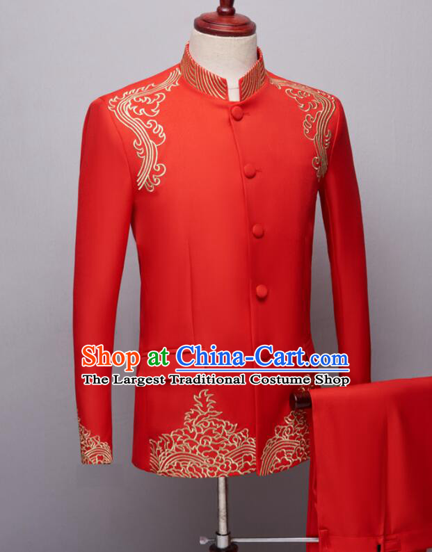 Chinese Groom Red Clothing Wedding Suits Traditional Tang Zhuang Embroidered Costumes