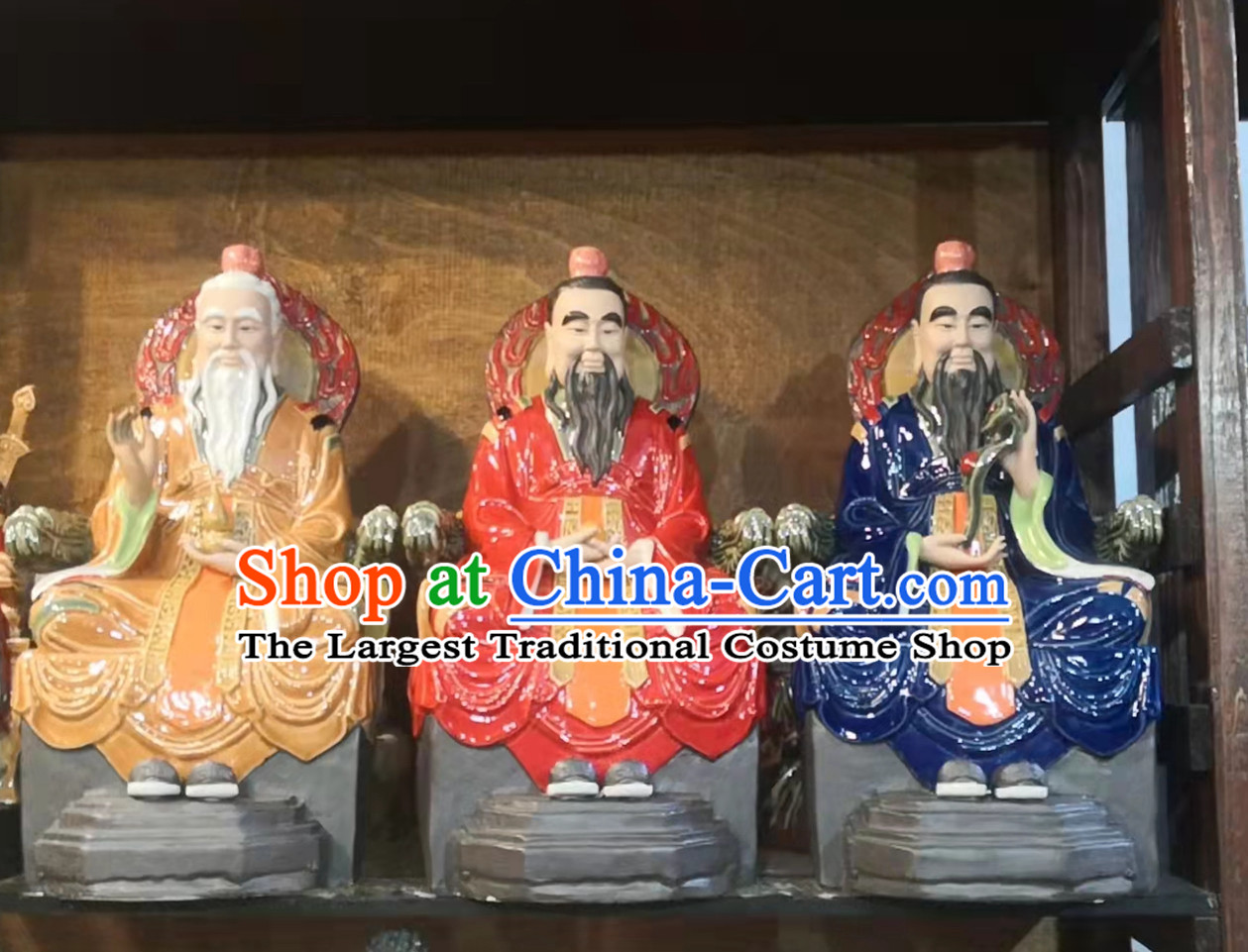 Chinese San Qing Porcelain Statues Handmade Arts Shi Wan Ceramic Three Gods Figurine