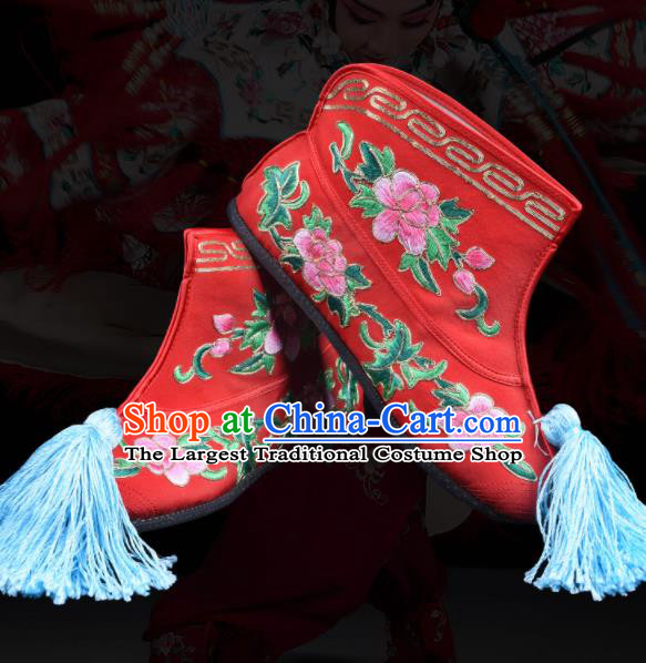 Chinese Traditional Opera Shoes Beijing Opera Wudan Embroidered Boots Swordswoman Embroidery Peony Red Boots