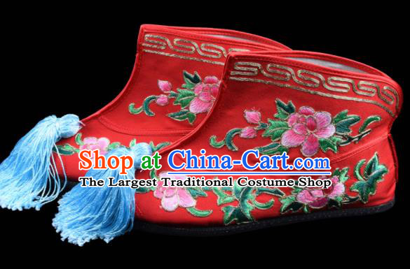 Chinese Traditional Opera Shoes Beijing Opera Wudan Embroidered Boots Swordswoman Embroidery Peony Red Boots