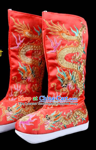 Chinese Beijing Opera Red Embroidered Boots Sichuan Opera Face Changing Embroidery Shoes Traditional Bian Lian Dragon Boots