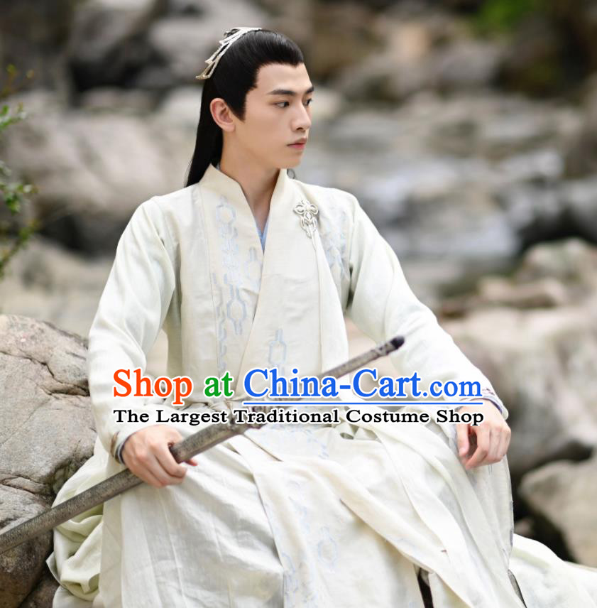 China Romance Drama The Blessed Girl Yin Xiao Costumes Traditional Noble Childe Clothing Ancient Swordsman White Garments and Headpieces