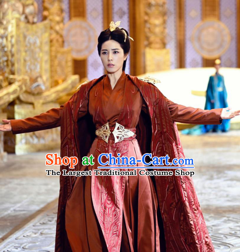 China Ancient Swordswoman Rust Red Garments Romance Drama The Blessed Girl Fei Tian Costumes Traditional Female General Clothing Complete Set