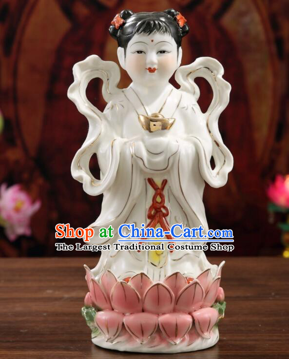 inches Chinese Handmade Dragon Girl and Golden Boy Porcelain Statues White Ceramic Long Nv Hong Hai Er Craft