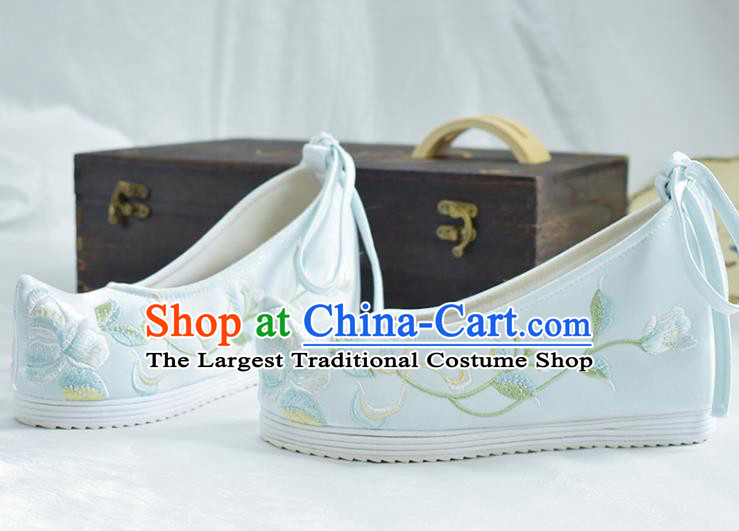China Traditional Hanfu Bow Shoes National Women Cloth Shoes Embroidered Light Blue Shoes