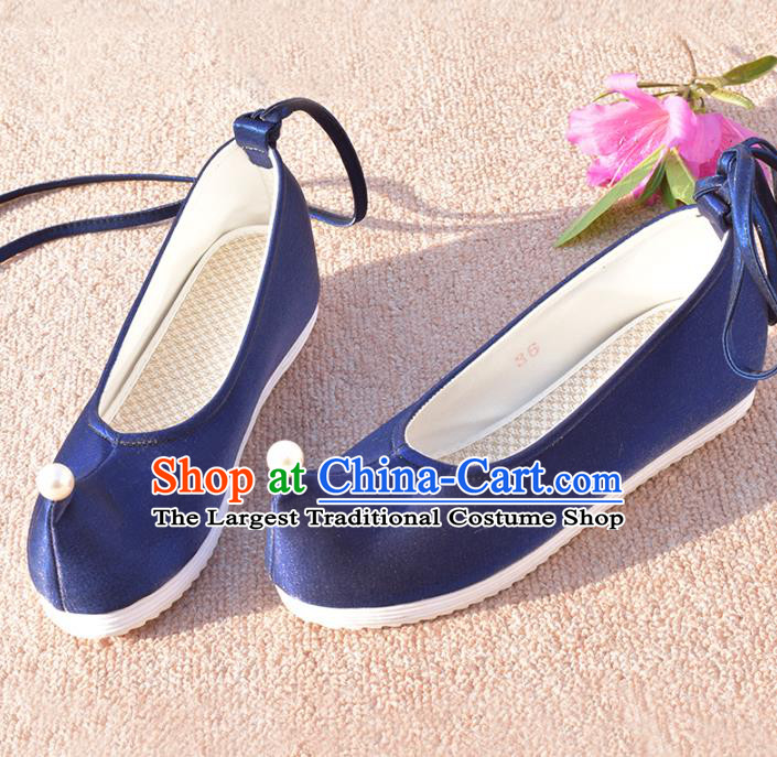China National Women Bow Shoes Traditional Ming Dynasty Hanfu Shoes Ancient Princess Royalblue Shoes
