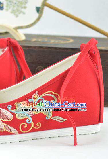 China Traditional Hanfu Increased Shoes National Embroidered Lotus Shoes Red Cloth Shoes