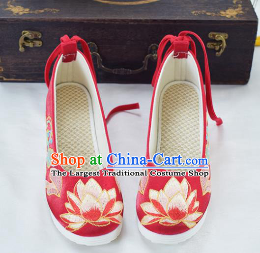 China Traditional Hanfu Increased Shoes National Embroidered Lotus Shoes Red Cloth Shoes